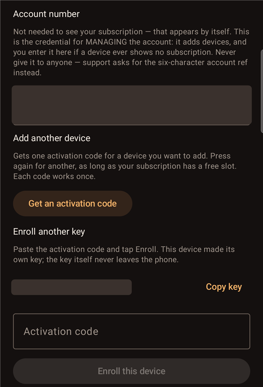 "Advanced": account number, activation codes, device key