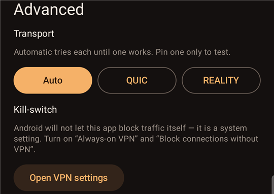 "Advanced": transport and kill-switch